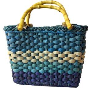 Handwoven Multi-Color Wicker Tote With Bamboo Handles & Zippered Interior